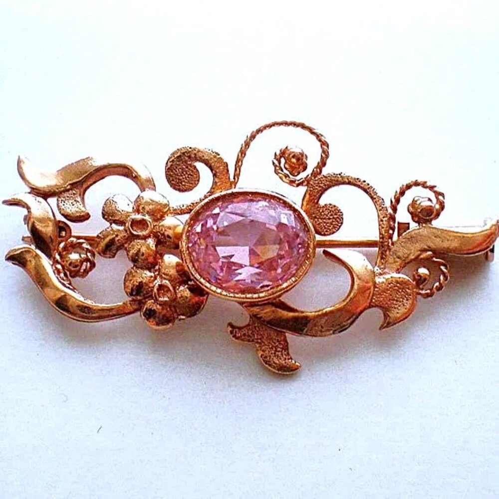 Vintage Russian Soviet USSR 14K 583 Rose Pink Gold Pink Tourmaline Brooch Pin